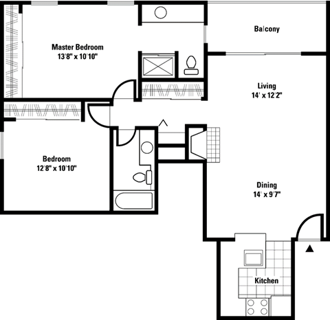Floor plan for 2 beds, 2 baths, 1020 sqft